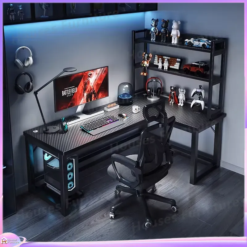 Home Office L Shaped Desk - Wooden Corner Desk with Bookshelf for